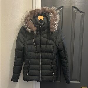 Women's Black Puffer Jacket with Faux Fur Hood